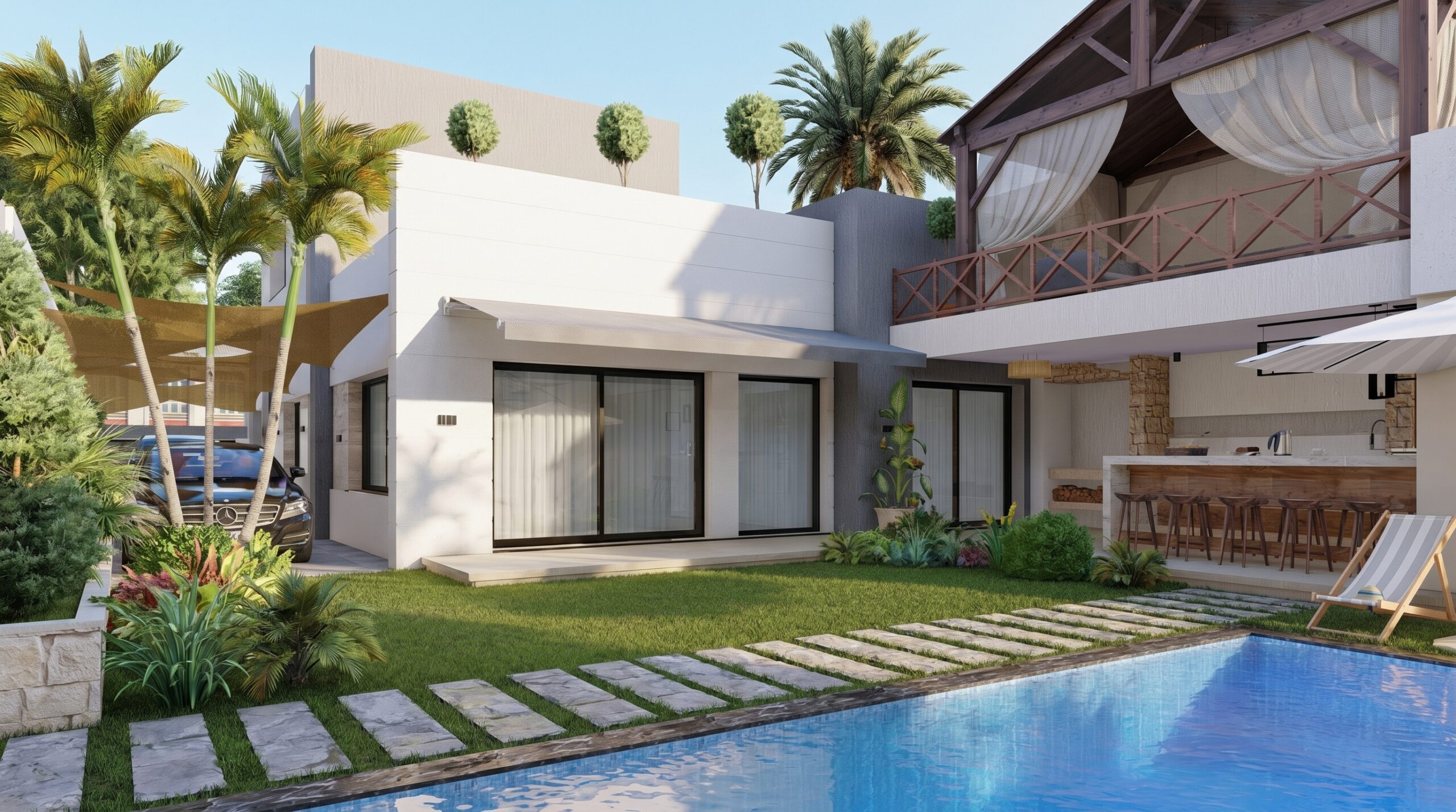 Landscaping a garden with a swimming pool